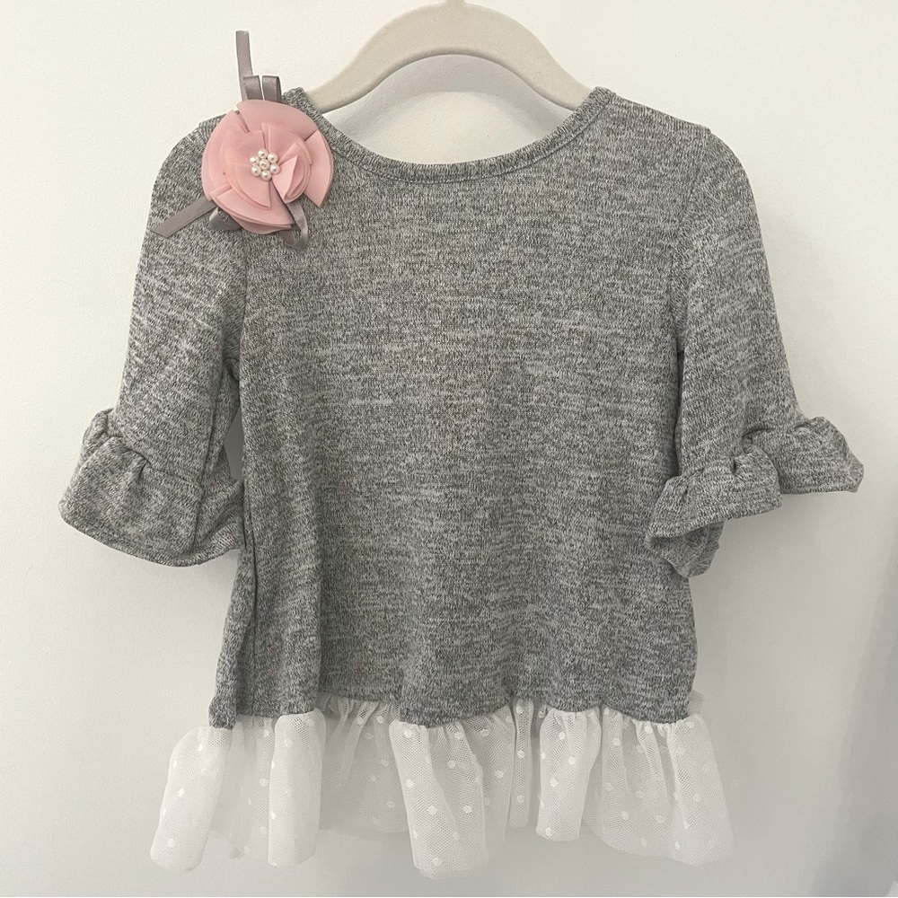 RARE EDITIONS Heather Grey baby girls shirt with pink bow